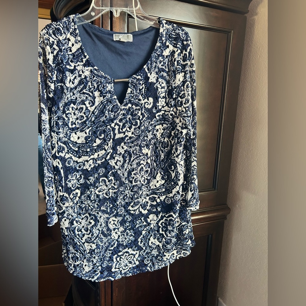 JM Collection Navy and White Floral Blouse
